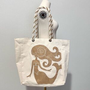 Mermaid Cotton Canvas Tote Bag Large Neutral Coastal Beachy Whimsical OS